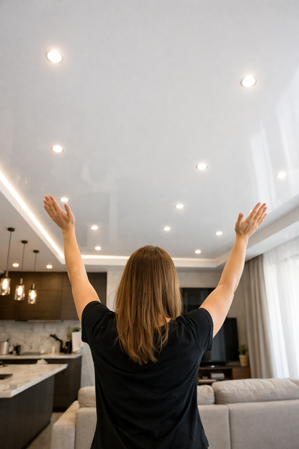 Глянцевый потолок в кухне-гостиной